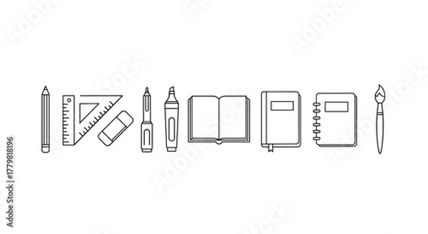 Obraz A minimalist vector illustration set featuring essential drawing and writing tools, including a pencil, ruler, eraser, liner marker, highlighter, open sketchbook, notebook, and paintbrush, presented