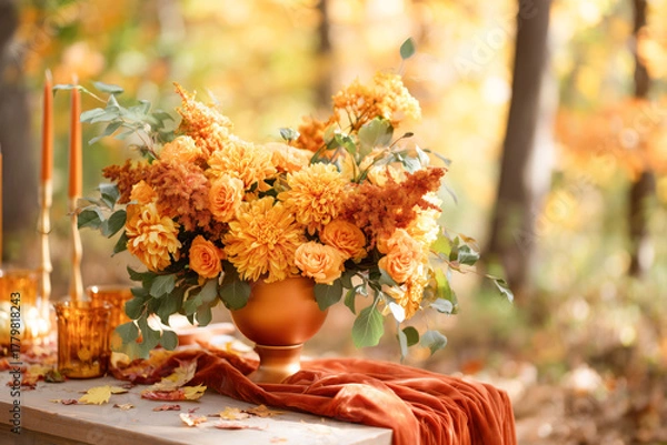Fototapeta Rich autumn flower arrangement in warm orange and golden tones, styled with candles and foliage on a rustic table