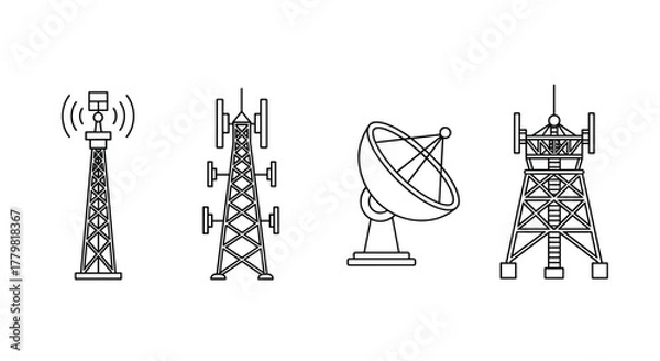 Obraz Set of communication towers and antennas, including radio towers, cell towers, and satellite dishes, presented as clean outline icons on a white background, symbolizing broadcasting and
