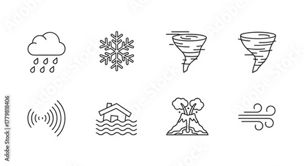 Fototapeta A minimalist collection of weather and natural disaster icons, featuring clean, modern line art. The set includes symbols for rain, snow, tornadoes, earthquakes, floods, volcanoes, and wind, perfect