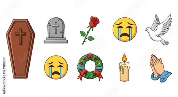 Fototapeta Funeral Icon Set Vector Cartoon Illustration with a White Background, Ordered Set of Mourning Symbols Including Coffin, Tombstone, Rose, Crying Emoji, Dove, Wreath, Candle, and Praying Hands