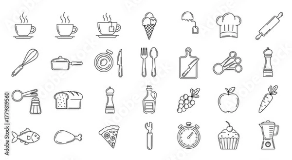 Fototapeta A comprehensive collection of food, cooking, and kitchen-related line icons, featuring editable strokes perfect for web design, app development, and graphic cards. This set includes linear