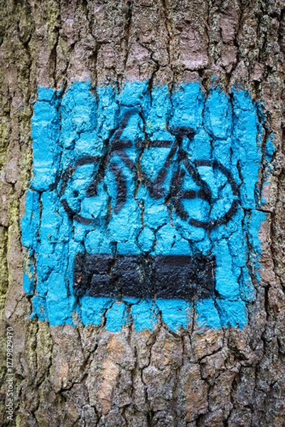 Fototapeta Sign on a tree designating a bike path, autumn.
