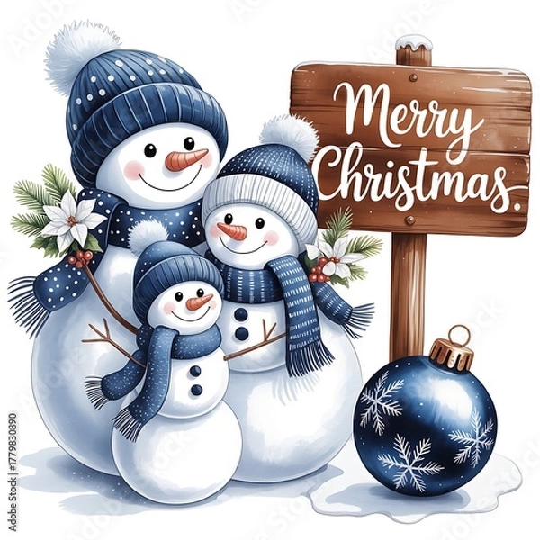 Obraz Happy snowmen family celebrating christmas with a sign and ornament