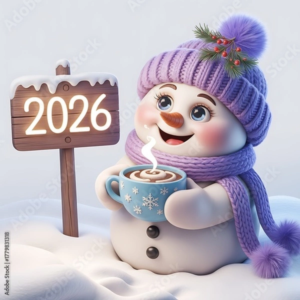 Obraz Cute snowman holding hot chocolate and sign 2026