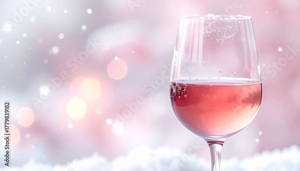 Fototapeta 淡いフロストガラスの背景に、やさしいピンクのロゼワイングラスが置かれています。
繊細な雪の粒が舞い、透明感のある冬の上質な雰囲気を演出。
エアリーで洗練された構図が、ラグジュアリーな印象を与えます。
