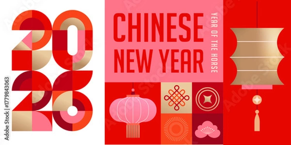 Fototapeta Modern geometric banner for Chinese New Year 2026 - Year of the Horse