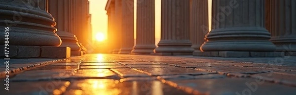 Fototapeta Stone pillars on a paved path with a bright sunset sky. Ancient architecture symbolizes law justice power and history. This scene suggests strength and stability.