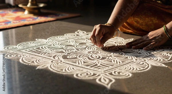 Fototapeta Woman creating traditional rangoli design on floor with hands, Pongal concept
  