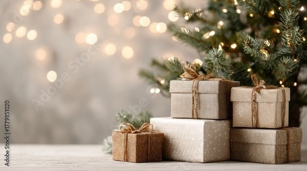 Fototapeta Rustic christmas gift boxes under illuminated tree with festive lights