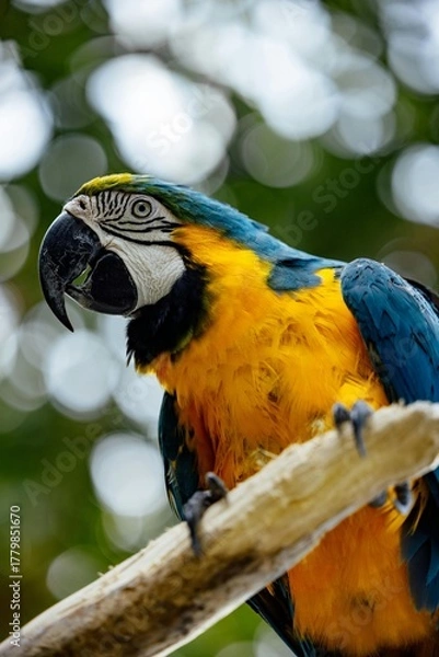 Fototapeta A colorful blue and yellow macaw, or blue and gold macaw, is a tropical bird with a strong beak and gold feathers
