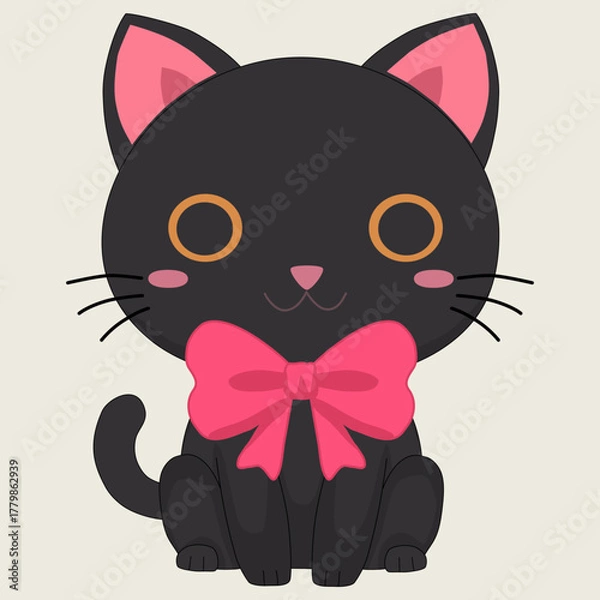 Fototapeta Cute black cat with pink bow vector illustration, black cat vector for kids, adorable black cat vector art in kawaii style