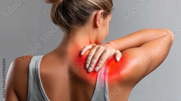 Obraz A close-up view of a woman experiencing shoulder pain, highlighting the affected area with a red glow. This image captures the essence of discomfort and the need for relief.
