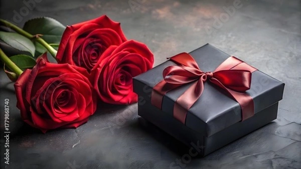 Obraz Three red roses lie next to a black gift box with a burgundy ribbon