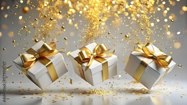 Obraz Three white gift boxes with gold ribbons float against a background of golden confetti