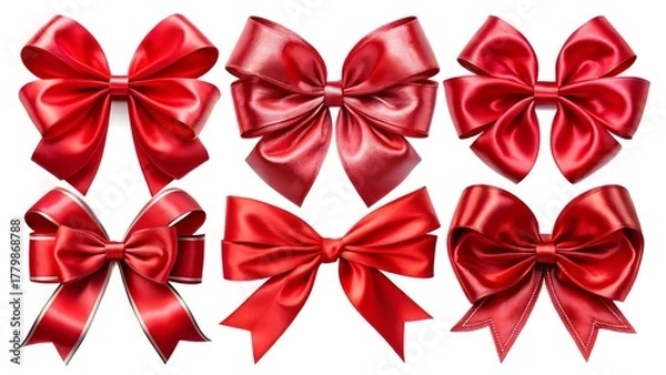 Obraz Six red satin bows, isolated on white background