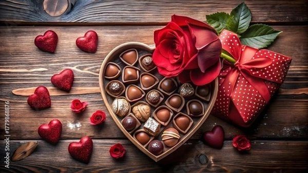 Obraz A heartshaped box of chocolates and a single red rose sit on a wooden background