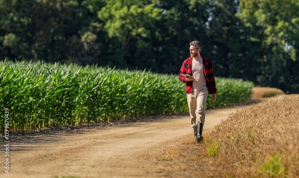Obraz Farmer man working on field with tablet. Hispanic farmer with tablet check harvest. Crop harvest. Farmer agronomist man with tablet in field. Technology of modern agriculture. Copy space banner