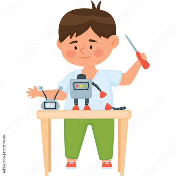 Fototapeta Young boy with brown hair and white t-shirt wearing green pants builds a robot on a wooden table with a screwdriver and tools against a transparent background