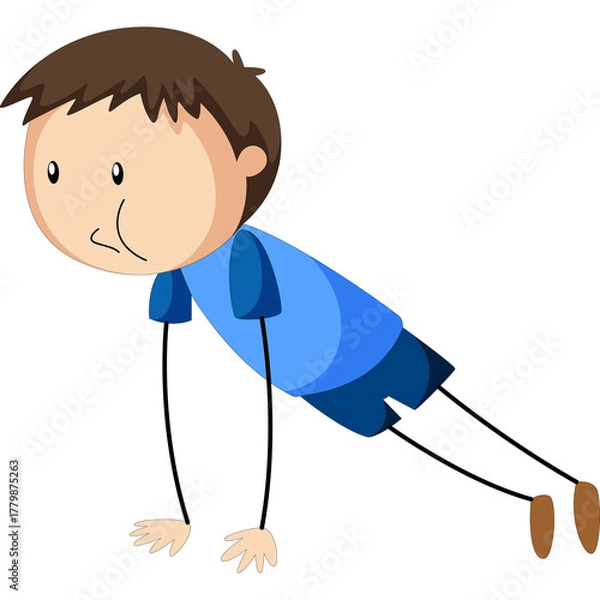 Fototapeta Young boy with brown hair wearing a blue t-shirt and dark blue shorts doing a push-up on a white background with bent knees and determined expression