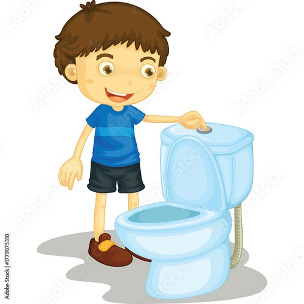 Fototapeta Young Boy With Brown Hair Wearing A Blue T Shirt And Dark Shorts Pushing The Flush Button On A White Toilet In A Studio Setting With A Shadow Below