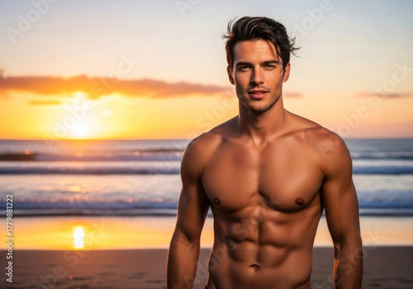 Obraz Portrait of shirtless man standing on beach