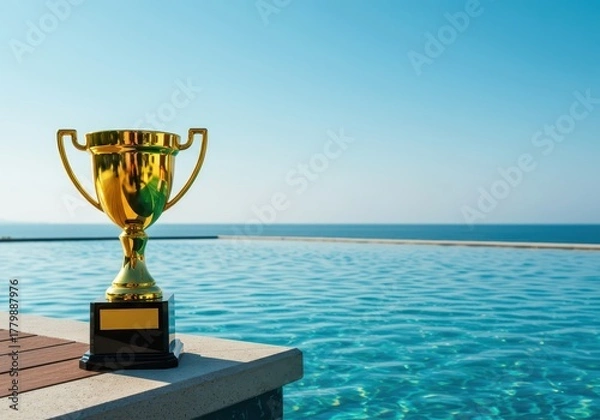 Fototapeta A shiny golden award trophy rests on the edge of a stunning infinity pool, symbolizing success, achievement, and a well-deserved luxury vacation ,exotic ,swimming ,reflection