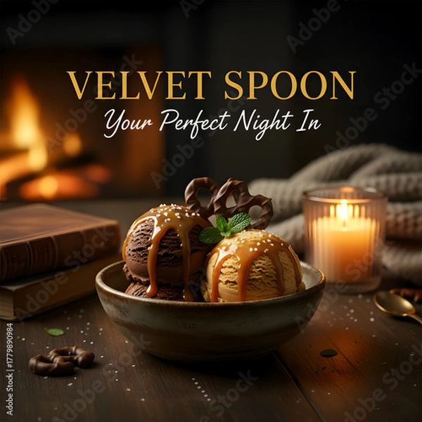 Fototapeta Cozy Chocolate and Caramel Ice Cream Dessert with Candlelight Ambience
