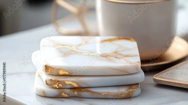 Fototapeta Elegant stack of white marble and gold vein coasters for drinks on a clean table