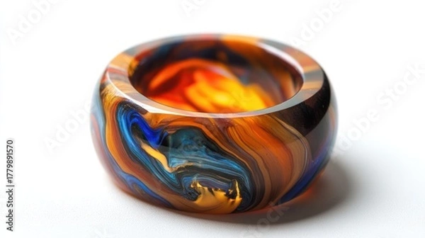 Fototapeta Vibrant Swirling Resin Art Object with Orange Blue and Yellow Colors on White Background