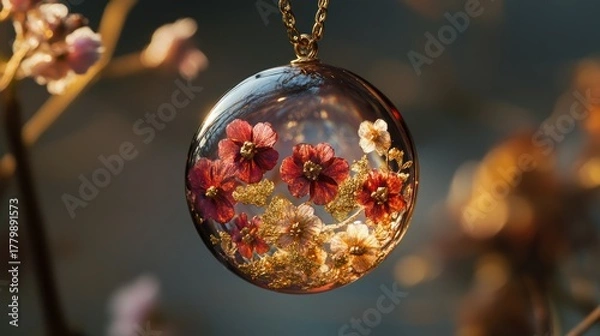Fototapeta Elegant glass pendant with preserved red and white flowers and golden flakes, hanging from a chain