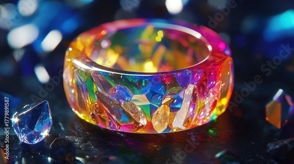 Fototapeta Vibrant Multi-Colored Faceted Crystal Ring with Rainbow Hues on a Dark Reflective Surface
