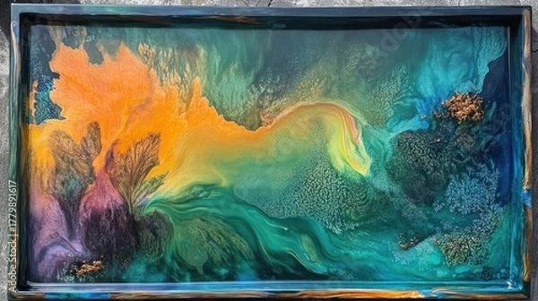 Fototapeta Vibrant Abstract Liquid Art Background with Flowing Orange, Green, and Blue Resin Swirls and Metallic Shimmer