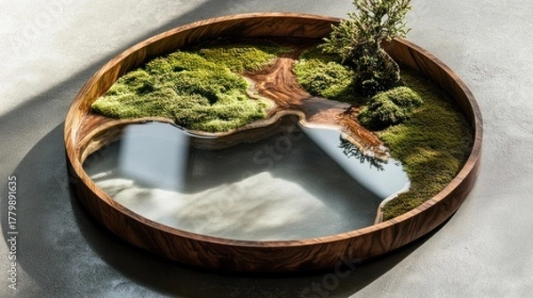 Fototapeta Miniature Moss Garden Landscape in Round Wooden Tray with Resin Water, top-down view on Concrete Surface