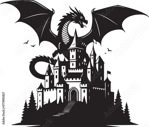 Obraz Dragon perched on medieval castle – bold fantasy silhouette icon with wings, towers, and epic atmosphere