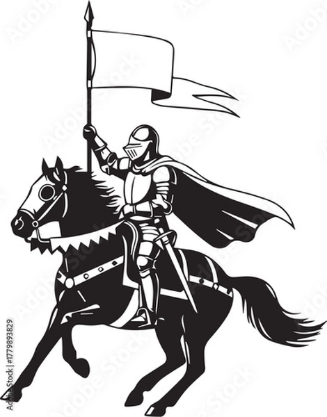 Fototapeta Knight on armored horse with lance and banner – bold medieval silhouette icon on white background