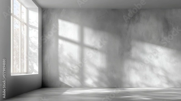 Fototapeta abstract. minimalistic background for product presentation. walls in  large empty room. can full of sunlight. Loft wall or minimalist wall. Shadow, light from windows to plaster wall.