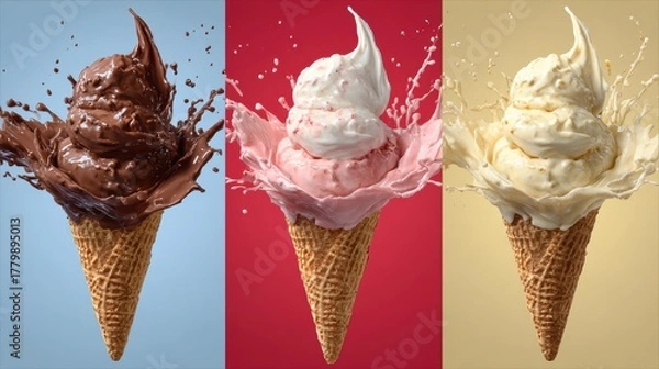 Fototapeta set of Chocolate, vanilla and strawberry splash of Ice cream cone flavor with clipping path, 3d, dessert, sweet, food, ice cream, delicious, gen by AI