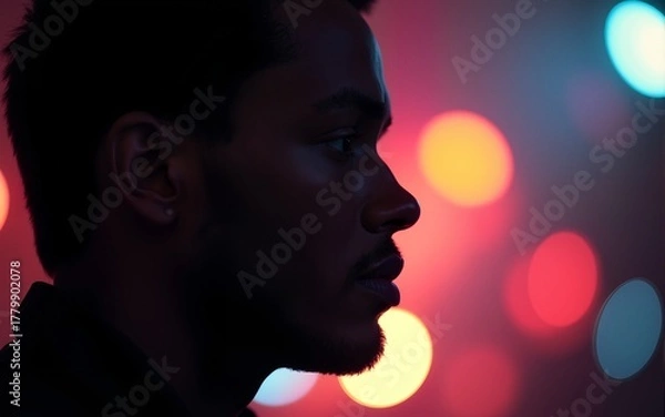 Fototapeta profile of person with colorful blurred lights background. High quality
