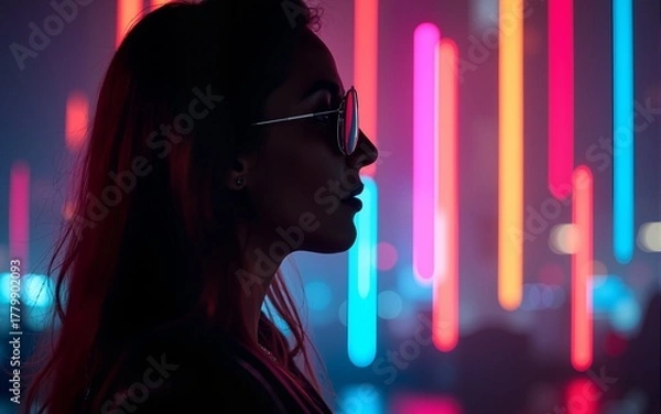 Fototapeta profile of person with colorful blurred lights background. High quality