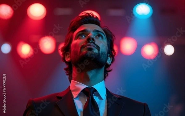 Fototapeta A man in a suit looks up with determination, a backdrop of colorful lights. High quality