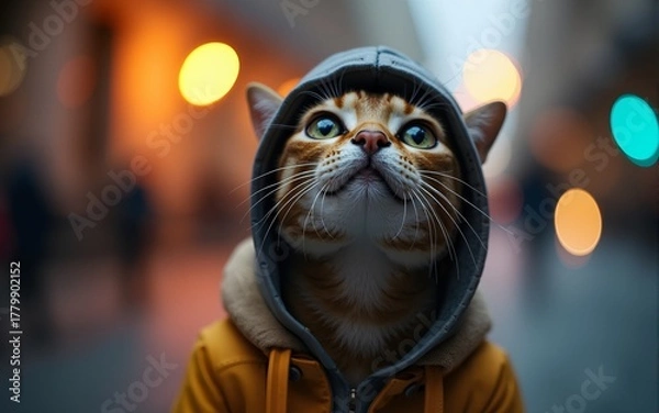 Fototapeta Cat Wearing Hoodie Looking Up with Blurred Street Lights Background. High quality
