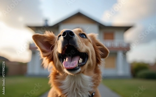 Obraz An excited dog looks up with a building in the background. High quality