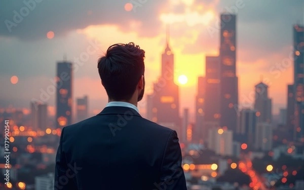 Fototapeta A Man in a Suit Looking Up at a Vibrant Cityscape. High quality