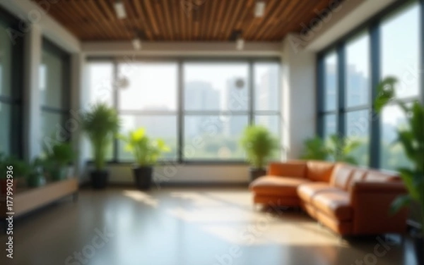 Fototapeta Business, blur and empty office with plants, lights and furniture in creative workplace for recruitment opportunity. Building, interior design and sustainability with windows, space and startup