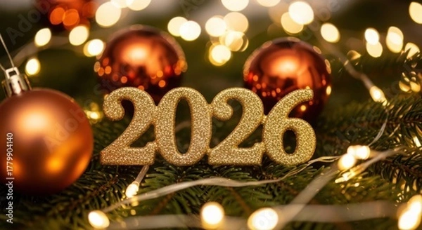 Fototapeta Sparkling 2026 numbers with warm festive lights and ornaments for new year celebration illustration