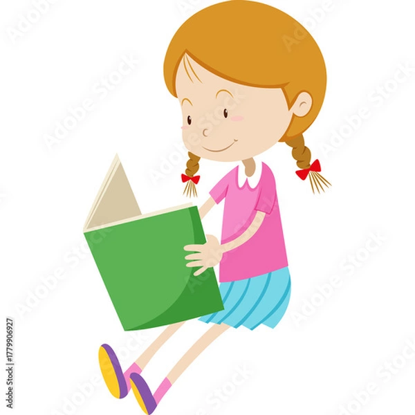 Obraz Young girl with auburn hair in braids wearing a pink shirt and blue skirt sitting and reading a green book with a bright expression on her face