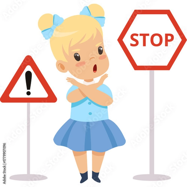 Fototapeta Young Girl With Blonde Pigtails And Blue Bows Wears A Light Blue Collared Shirt And Blue Skirt Making A Stop Gesture Next To A Red Octagonal Stop Sign And 
