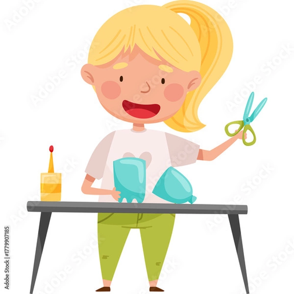 Obraz Young girl with blonde ponytail crafting with scissors and glue bottle on a table with blue plastic bottles on a white background