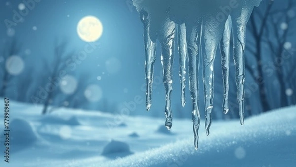 Fototapeta A winter scene with ice dripping down tree branches at night. 